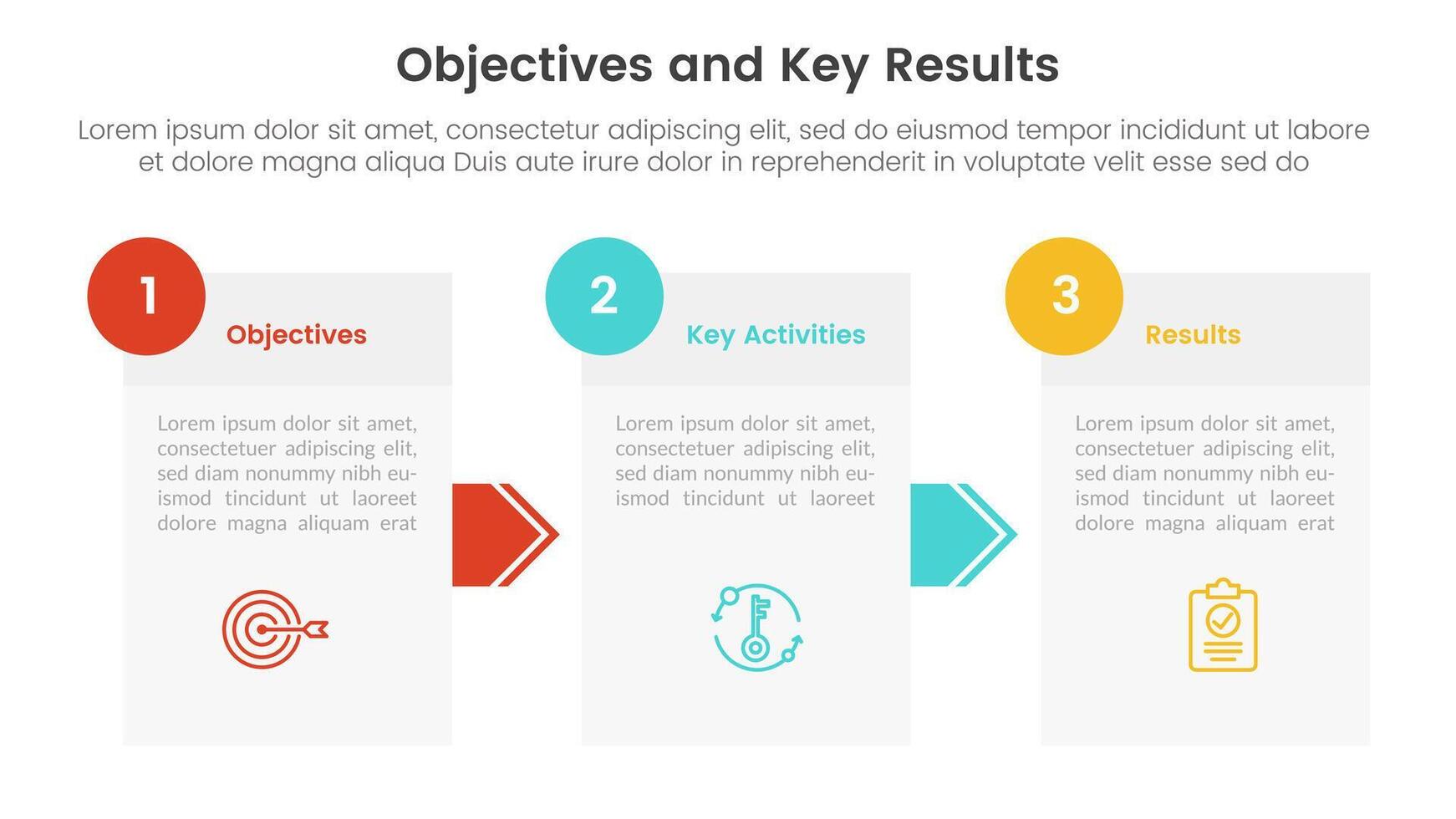 okr objectifs et clé résultats infographie 3 point étape modèle avec boîte information et La Flèche concept pour faire glisser présentation vecteur