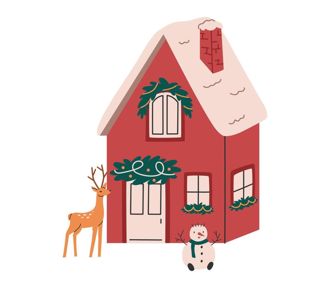 main tiré mignonne illustration de confortable maison avec épicéa couronne et Noël décorations. plat vecteur bâtiment avec orné façade dans coloré griffonnage style. Nouveau année, Noël imprimer. isolé sur Contexte