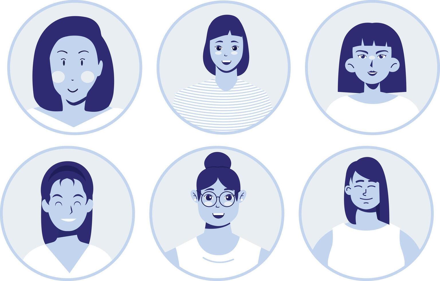 ensemble de femelle avatars pour femmes, bleu minimaliste profil personnages des illustrations vecteur