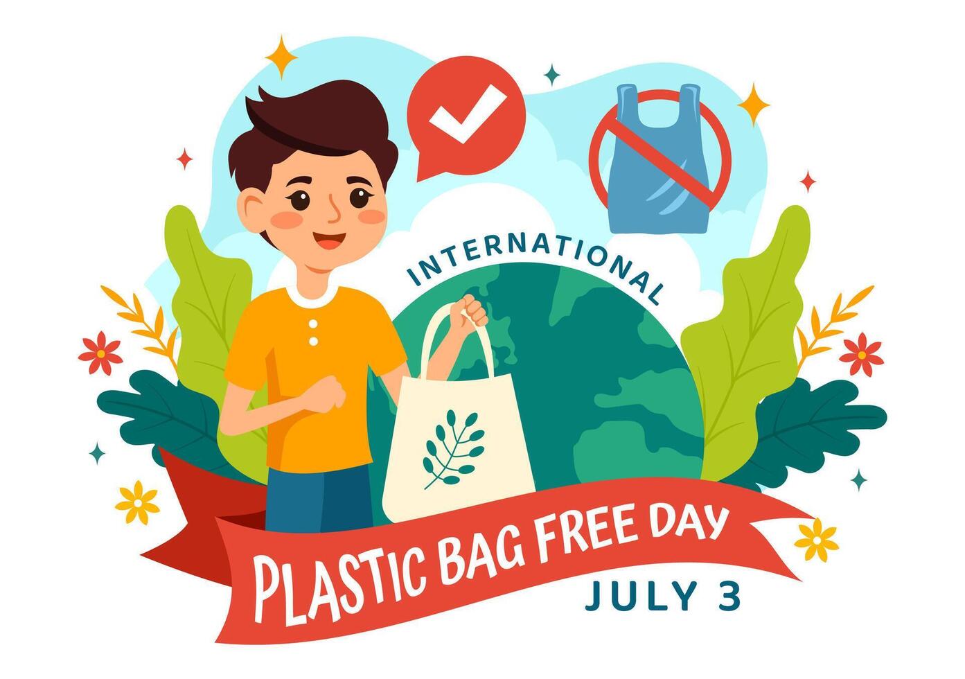 international Plastique sac gratuit journée vecteur illustration sur 3 juillet avec aller vert, enregistrer Terre et océan dans éco mode de vie plat dessin animé Contexte