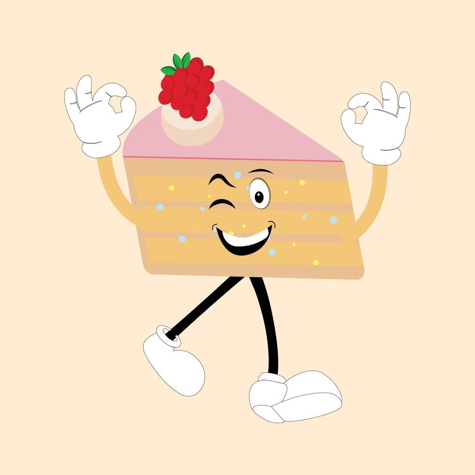 sensationnel gâteau tranché dessin animé mascotte personnage avec sourire. marrant rétro anniversaire gâteau tranche dans baskets, confiserie mascotte, graphique élément pour site Internet vecteur