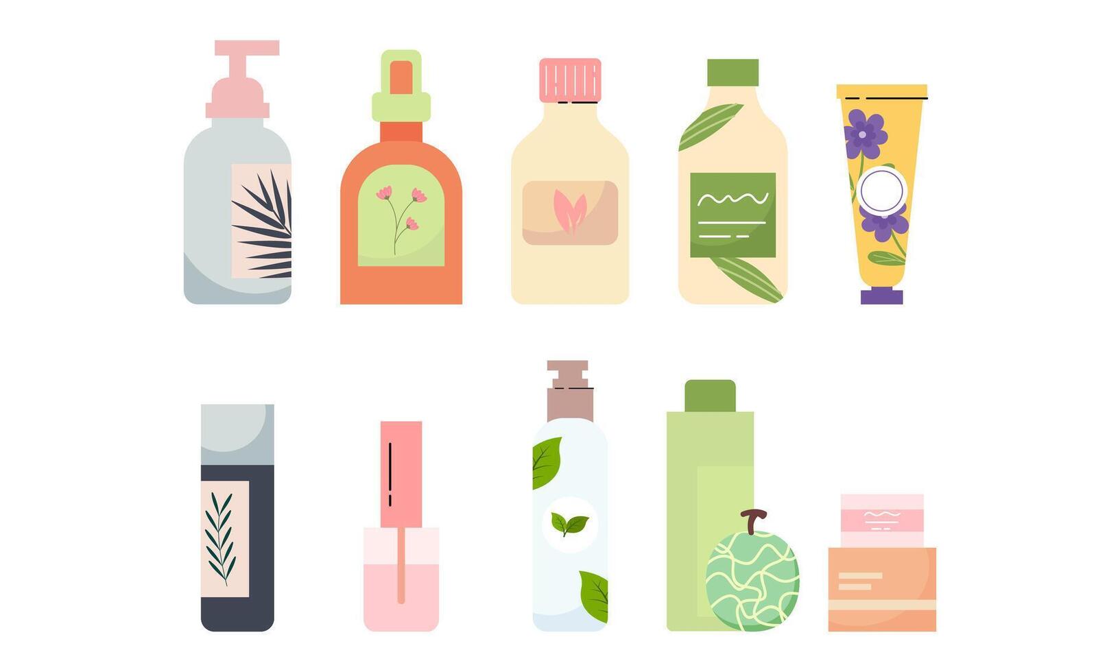 Naturel biologique produits de beauté pour peau dans coloré bouteilles, tuyaux, pots vecteur plat illustration