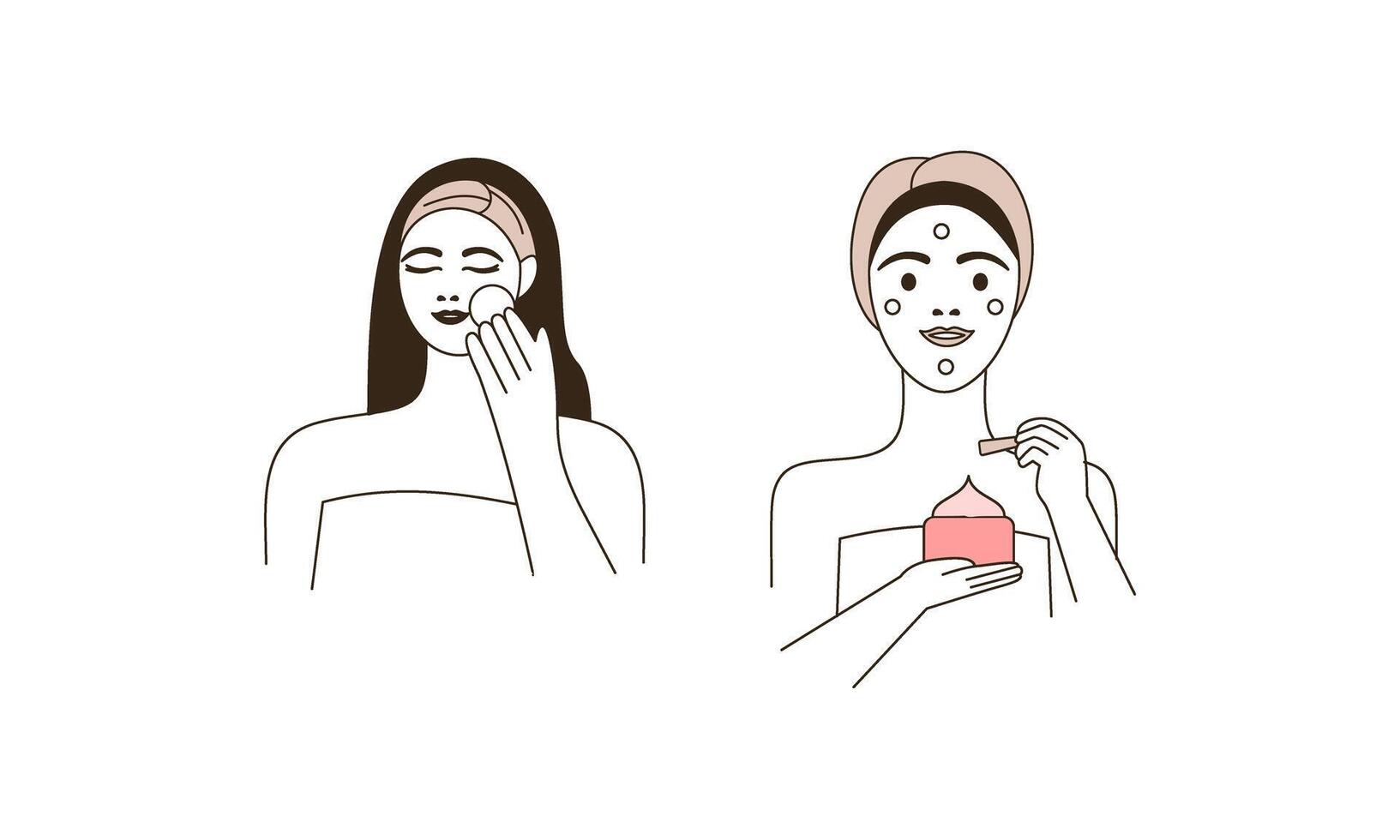 fille se soucie pour visage et corps, produits de beauté instructions vecteur