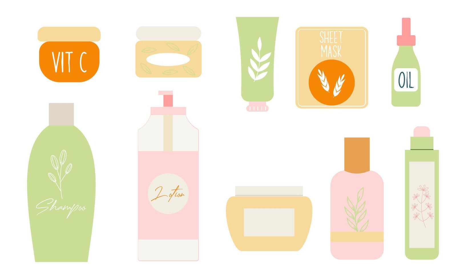 Naturel biologique produits de beauté pour peau dans coloré bouteilles, tuyaux, pots vecteur plat illustration