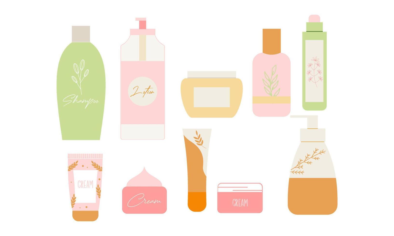 Naturel biologique produits de beauté pour peau dans coloré bouteilles, tuyaux, pots vecteur plat illustration