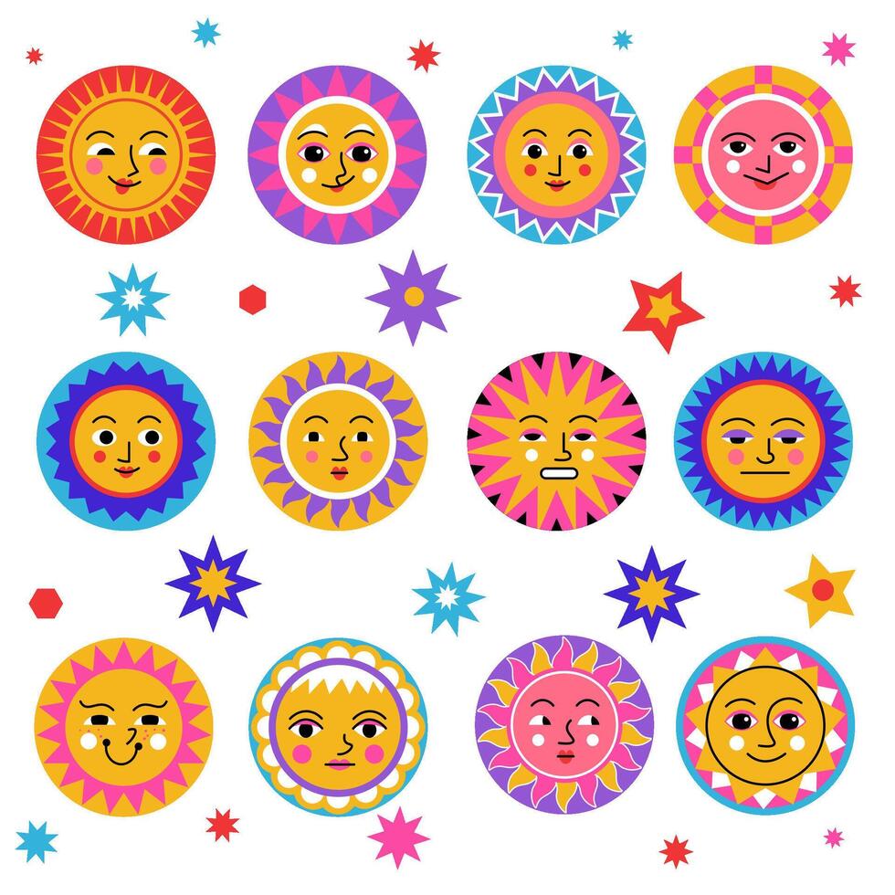 Soleil et étoiles, marrant ensoleillé visages avec expression vecteur