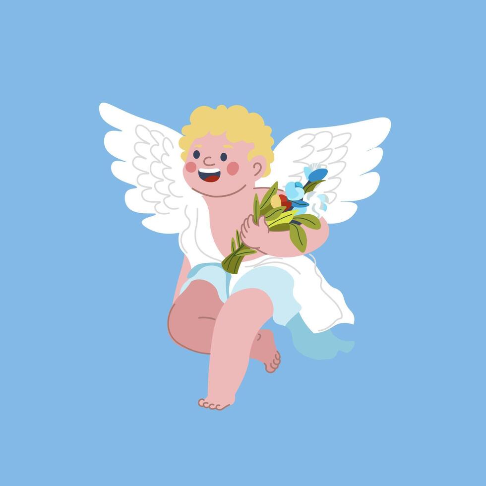 cupidon garçon ange avec bouquet de fleurs vecteur