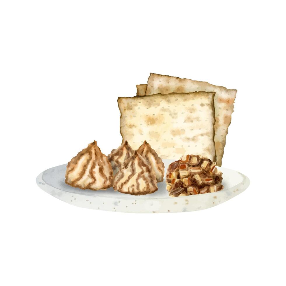 aquarelle Pâque matzah et noix de coco biscuits kascher des pâtisseries et jeu de char assiette pour juif vacances pesach vecteur
