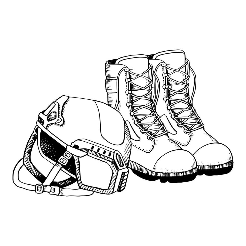 tactique armée bottes et soldat casque main tiré noir et blanc vecteur illustration pour militaire et combat conceptions. infanterie des chaussures et uniforme