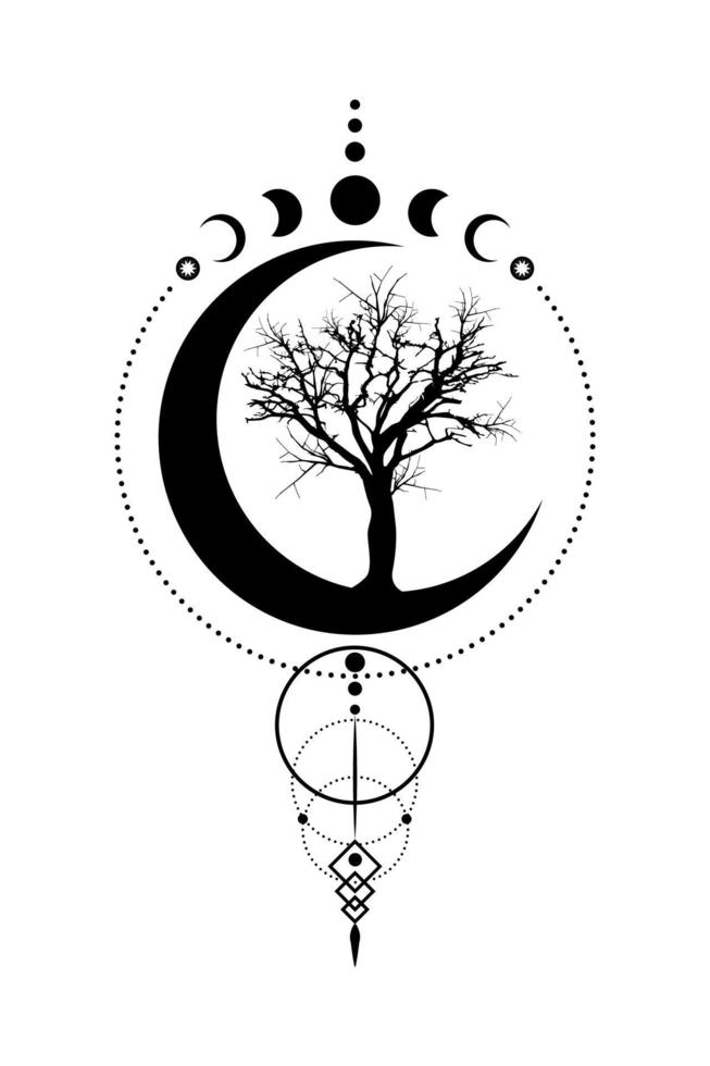 phases de lune mystique, arbre de vie, géométrie sacrée. triple lune, symbole de la déesse wiccan païenne demi-lune, signe de bannière wicca silhouette, cercle d'énergie, vecteur de style boho isolé sur fond blanc