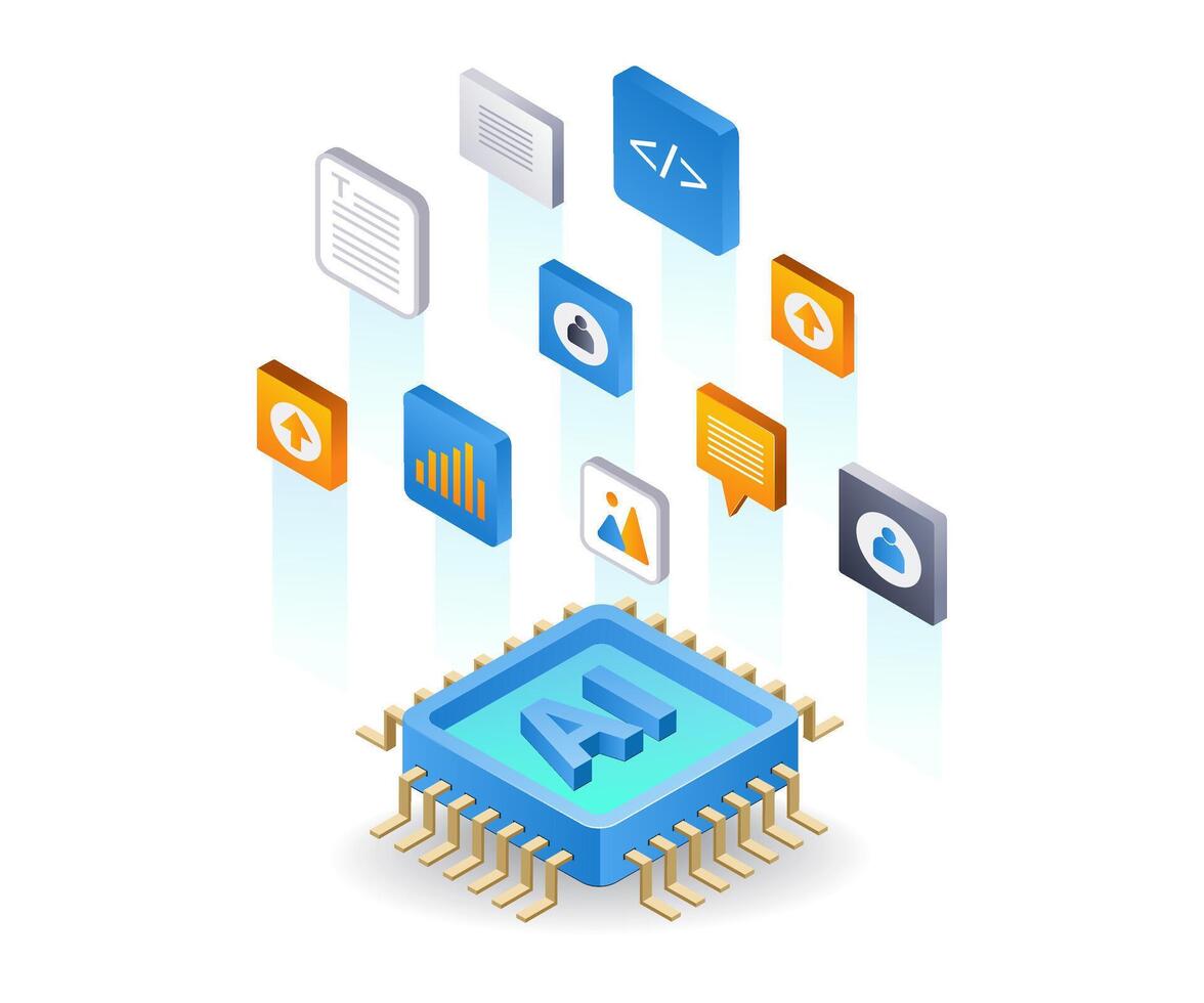 avec artificiel intelligence créer un application, plat isométrique 3d illustration vecteur