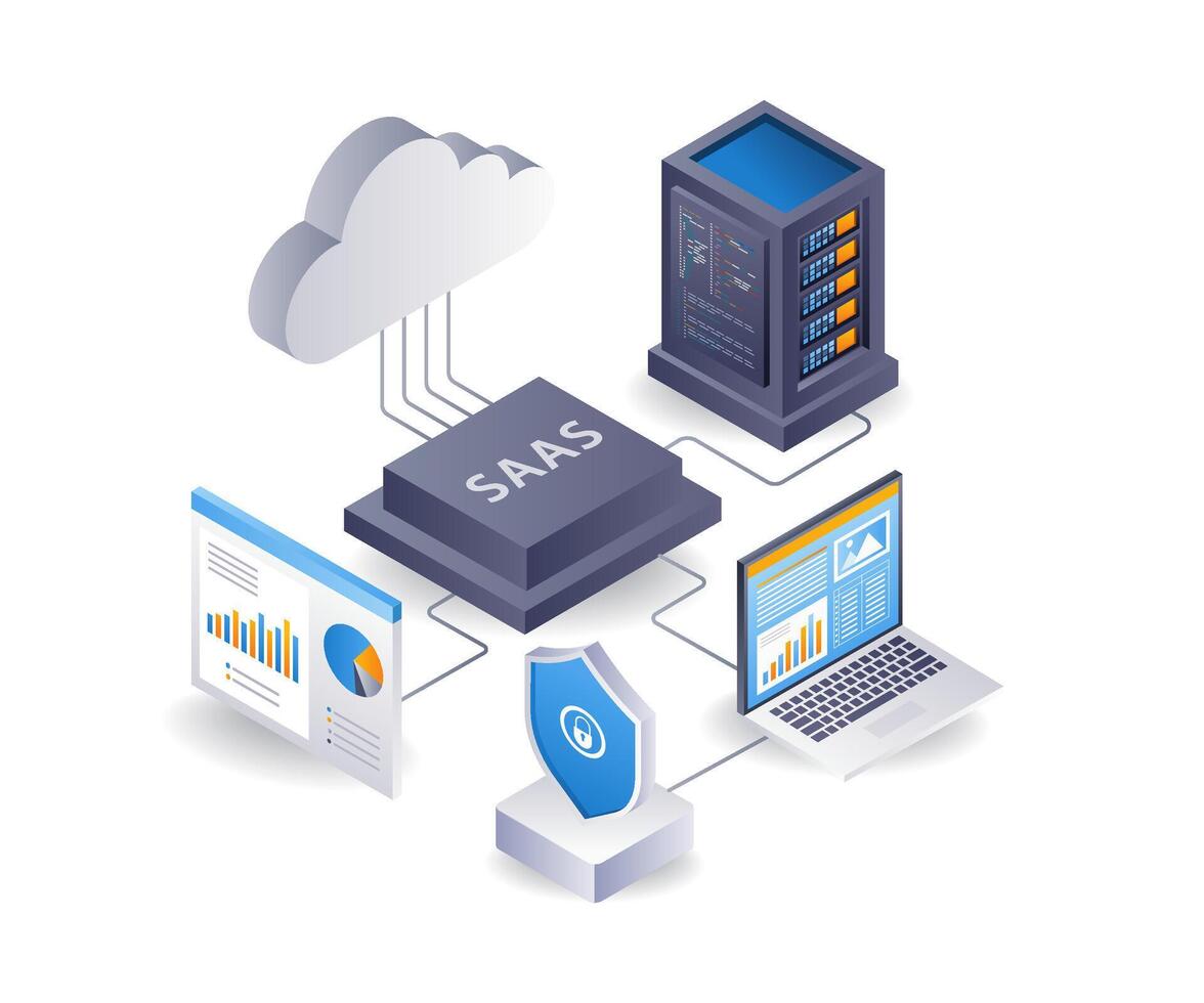 Logiciel comme une un service serveur développeur, plat isométrique 3d illustration vecteur