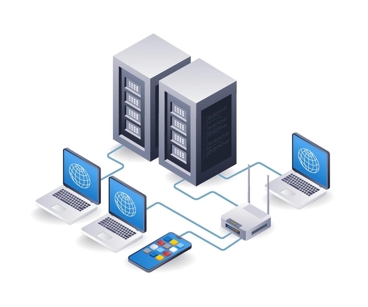 réseau routeur attachement l'Internet serveur ordinateur concept, plat isométrique 3d illustration vecteur