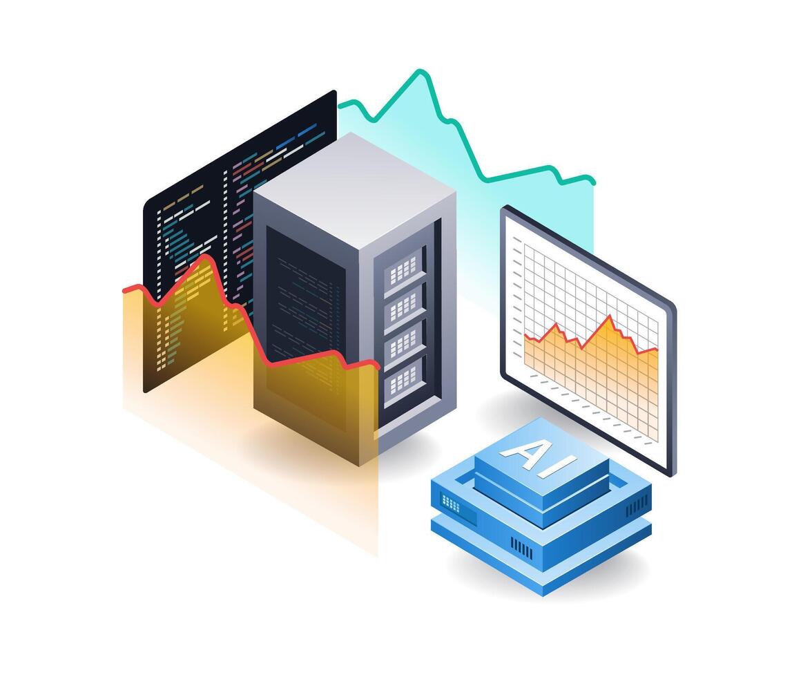 artificiel intelligence serveur Les données analyse, plat isométrique 3d illustration vecteur