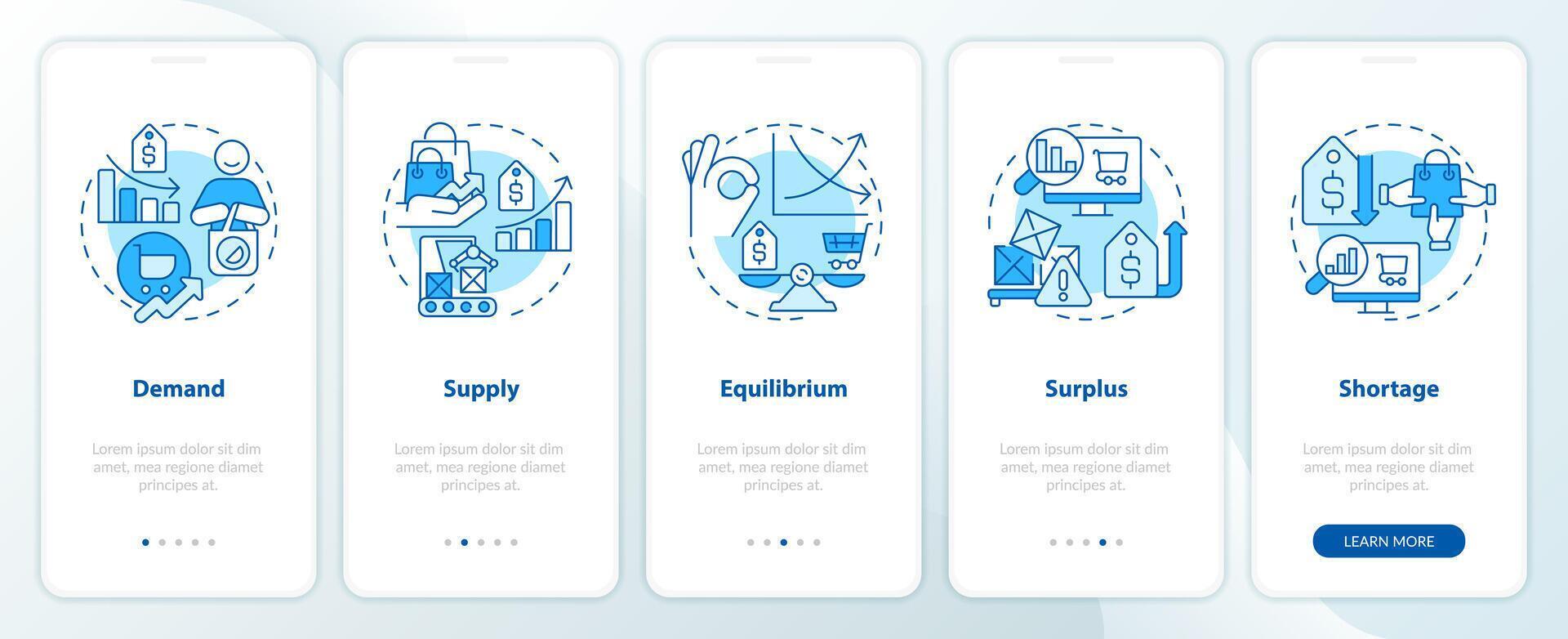 marché économique bleu l'intégration mobile app filtrer. loi de la fourniture et demande procédure pas à pas 5 pas graphique instructions avec linéaire concepts. interface utilisateur, ux, gui modèle vecteur