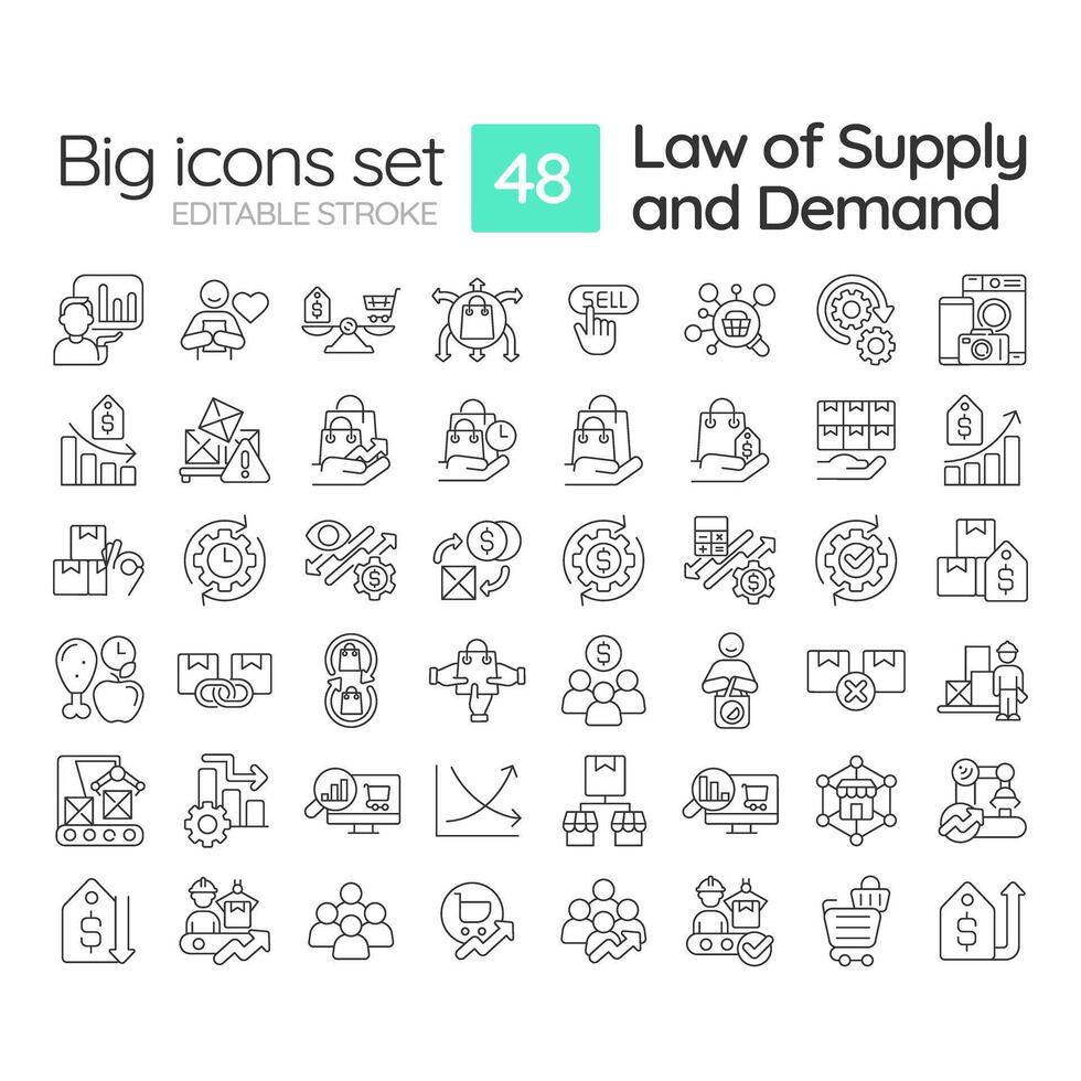 microéconomie des principes linéaire Icônes ensemble. loi de la fourniture et demande. des biens déterminé par la fourniture et demande. personnalisable mince ligne symboles. isolé vecteur contour illustrations. modifiable accident vasculaire cérébral