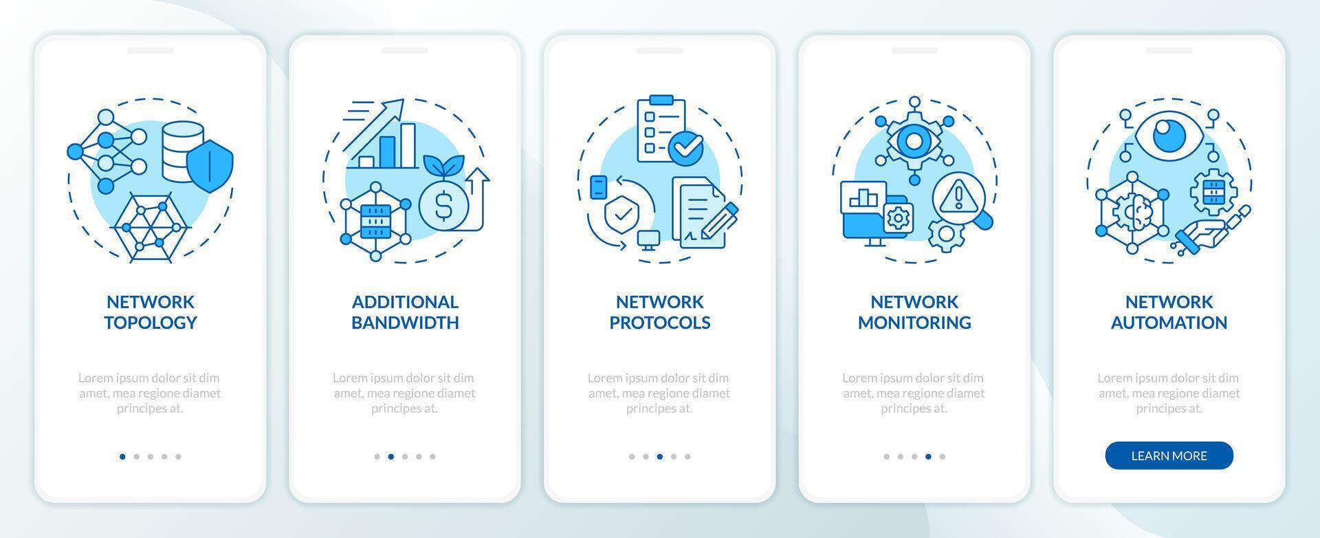 les pratiques pour gérant réseaux bleu l'intégration mobile app filtrer. procédure pas à pas 5 pas modifiable graphique instructions avec linéaire concepts. interface utilisateur, ux, gui modèle vecteur