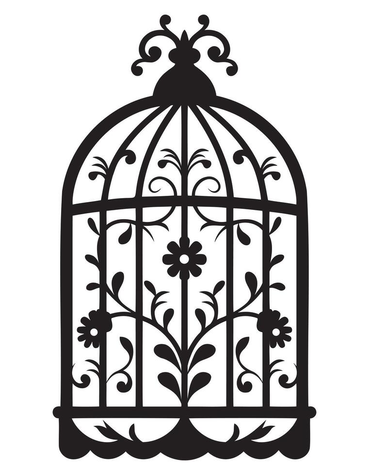 silhouette de une oiseau cage décoratif avec feuilles, noir mur décalcomanies avec en volant des oiseaux dans cage, minimaliste décoratif art pour intérieur, silhouette de une décoratif ancien oiseau cage vecteur