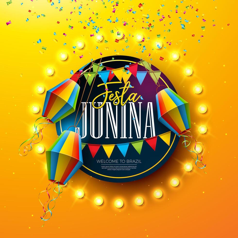 festa Junina illustration avec fête drapeaux, papier lanterne et lumière ampoule panneau d'affichage sur Jaune Contexte. vecteur Brésil juin sao Joao Festival conception pour salutation carte, bannière ou vacances affiche.