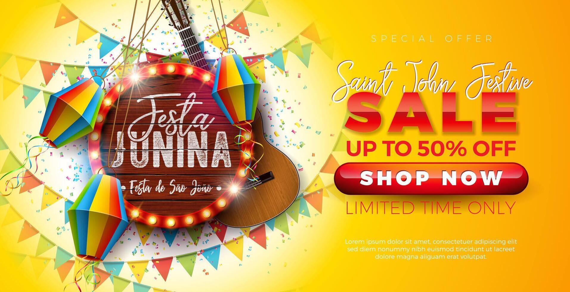 festa Junina vente promotionnel affaires illustration avec papier lanterne et lumière ampoule panneau d'affichage sur Jaune Contexte. vecteur spécial offre illustration pour coupon, bon, bannière, prospectus, affiche