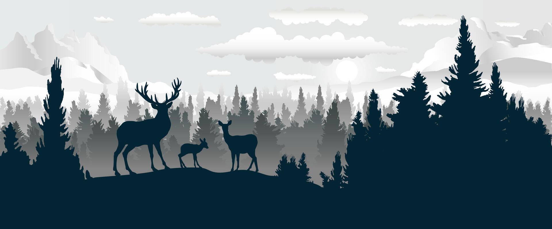 cerfs famille silhouettes, vecteur illustration panoramique paysage de forêt.