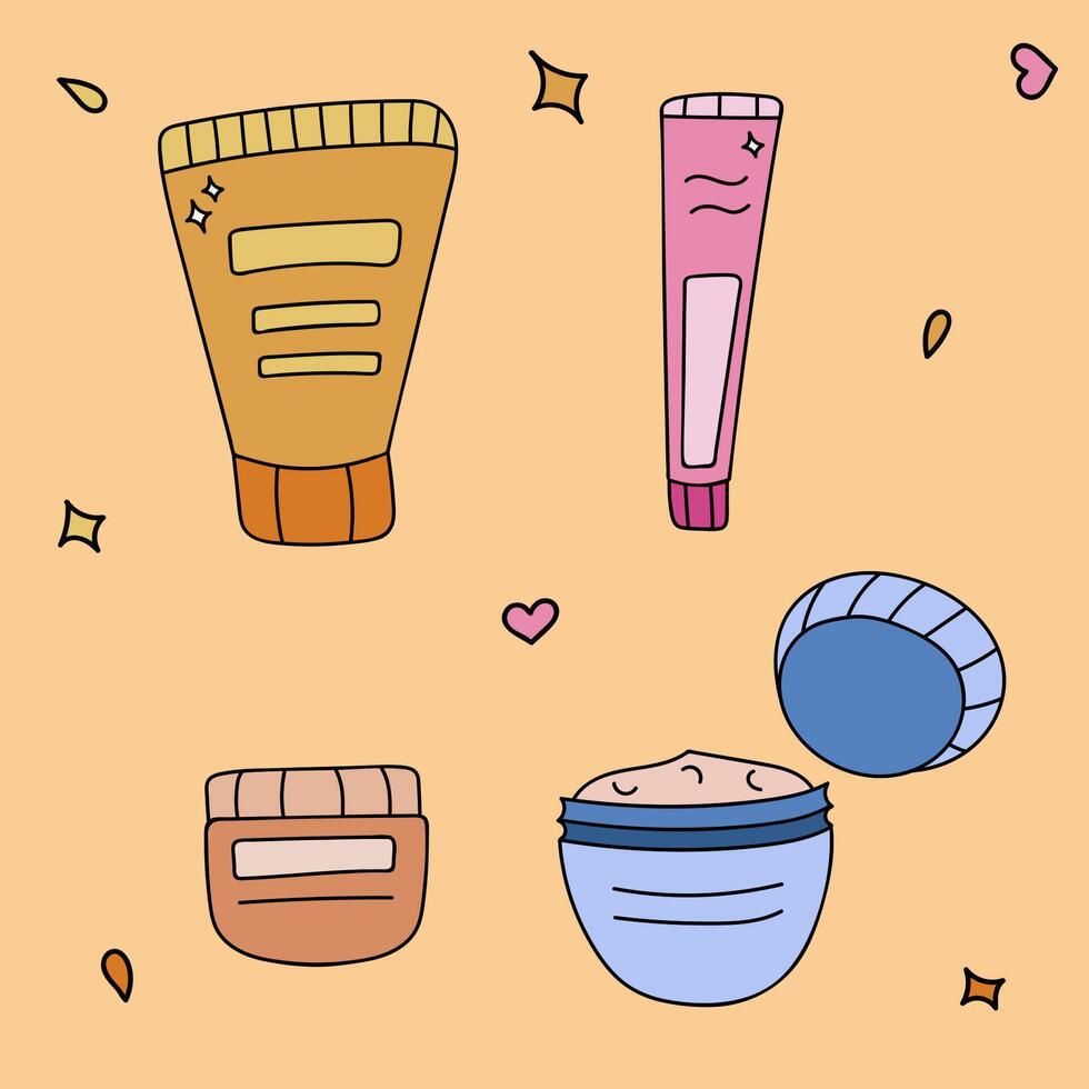 mignonne griffonnage ensemble avec cosmétique des produits. bouteille, crème, pot avec foutu couvercle, visage masque pour peau se soucier. vecteur illustration avec main tiré contour avec bocaux, bouteilles et tubes