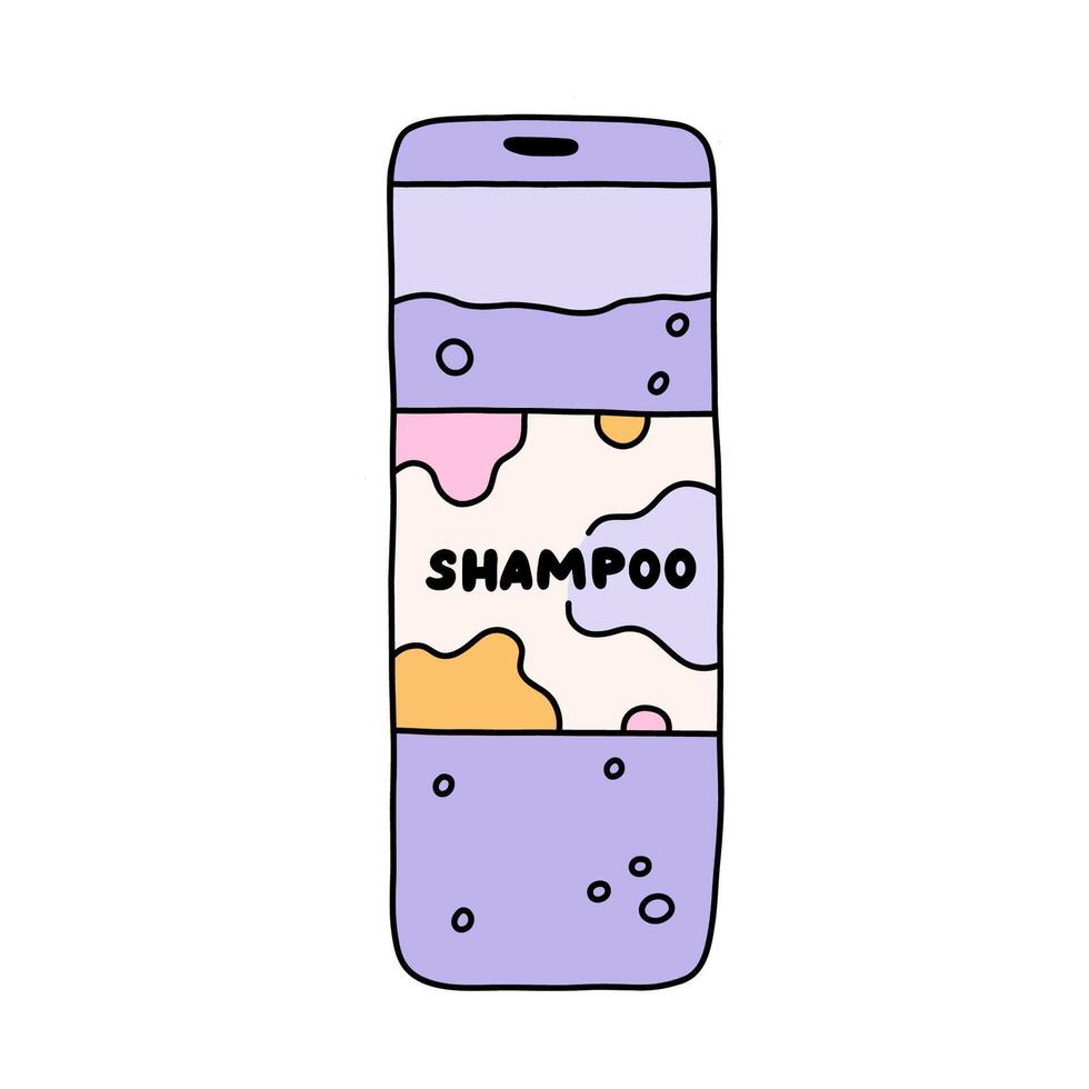 mignonne main tiré shampooing avec abstrait étiqueter. rose une baignoire et douche cosmétique pour la lessive cheveux. Plastique bouteille de shampooing pour soin des cheveux. Facile griffonnage avec main tiré contour isolé sur blanche. vecteur