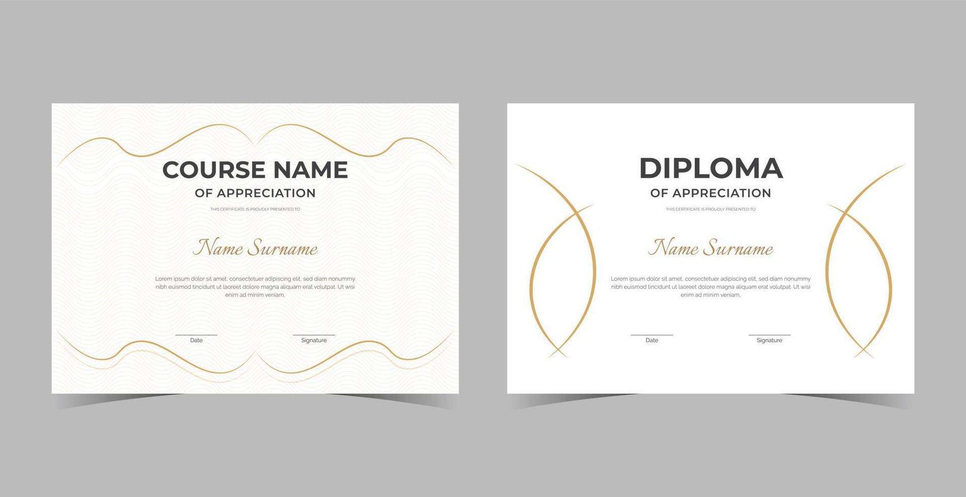 modèle de certificat de diplôme professionnel, modèle de certificat d'appréciation, certificat de réussite, modèle de diplôme de récompenses vecteur