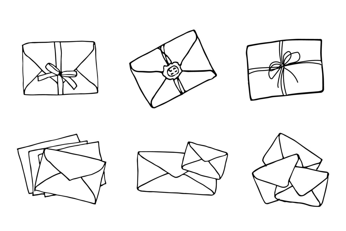 collection d'icônes de courrier, enveloppes fermées, symbole de courrier électronique. ensemble de lettres de croquis. style de dessin animé doodle dessiné à la main. illustration de dessin vectoriel. icône de la lettre. enveloppe de contour fermée vecteur