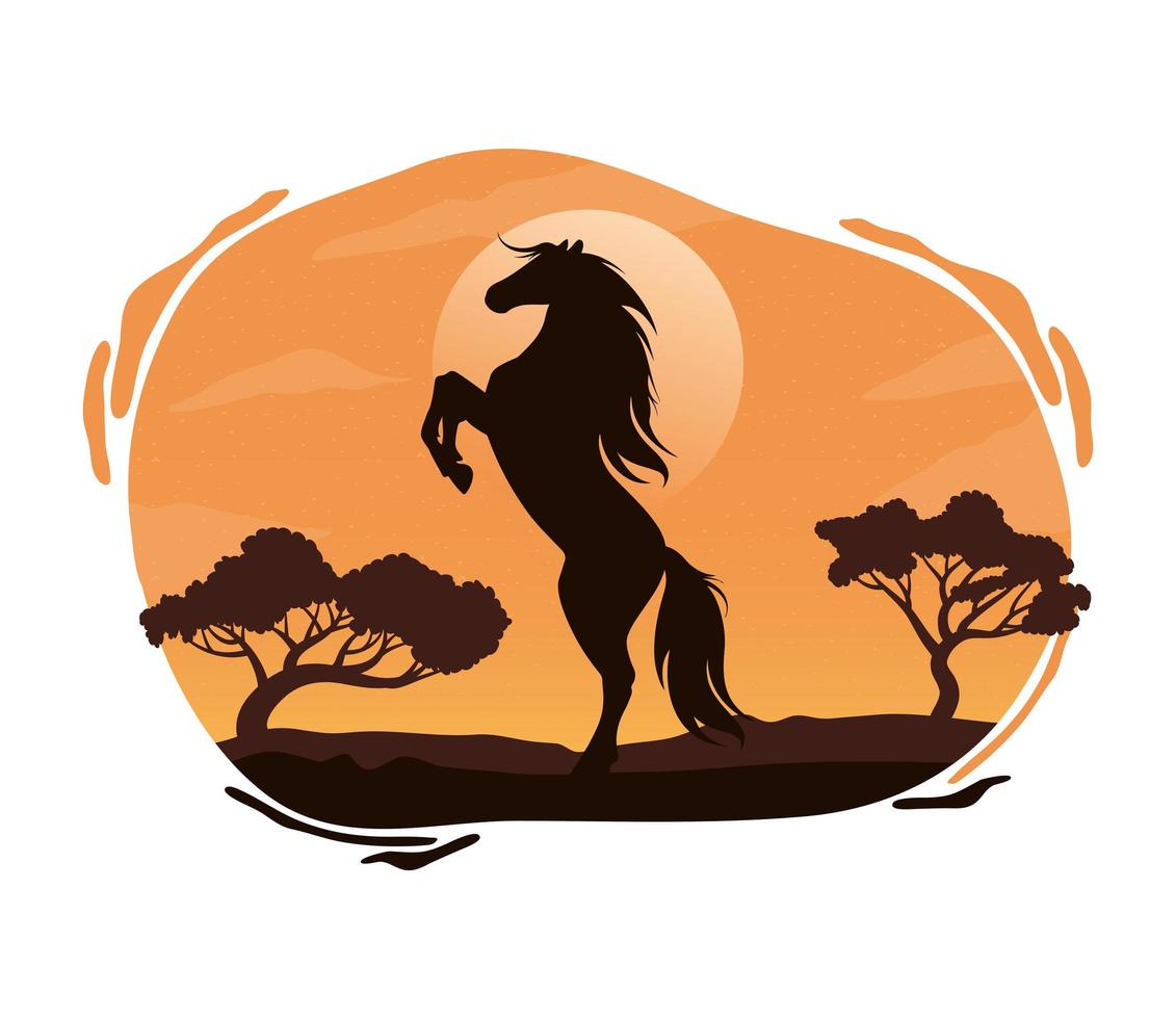 scène de silhouette de faune de cheval sauvage vecteur
