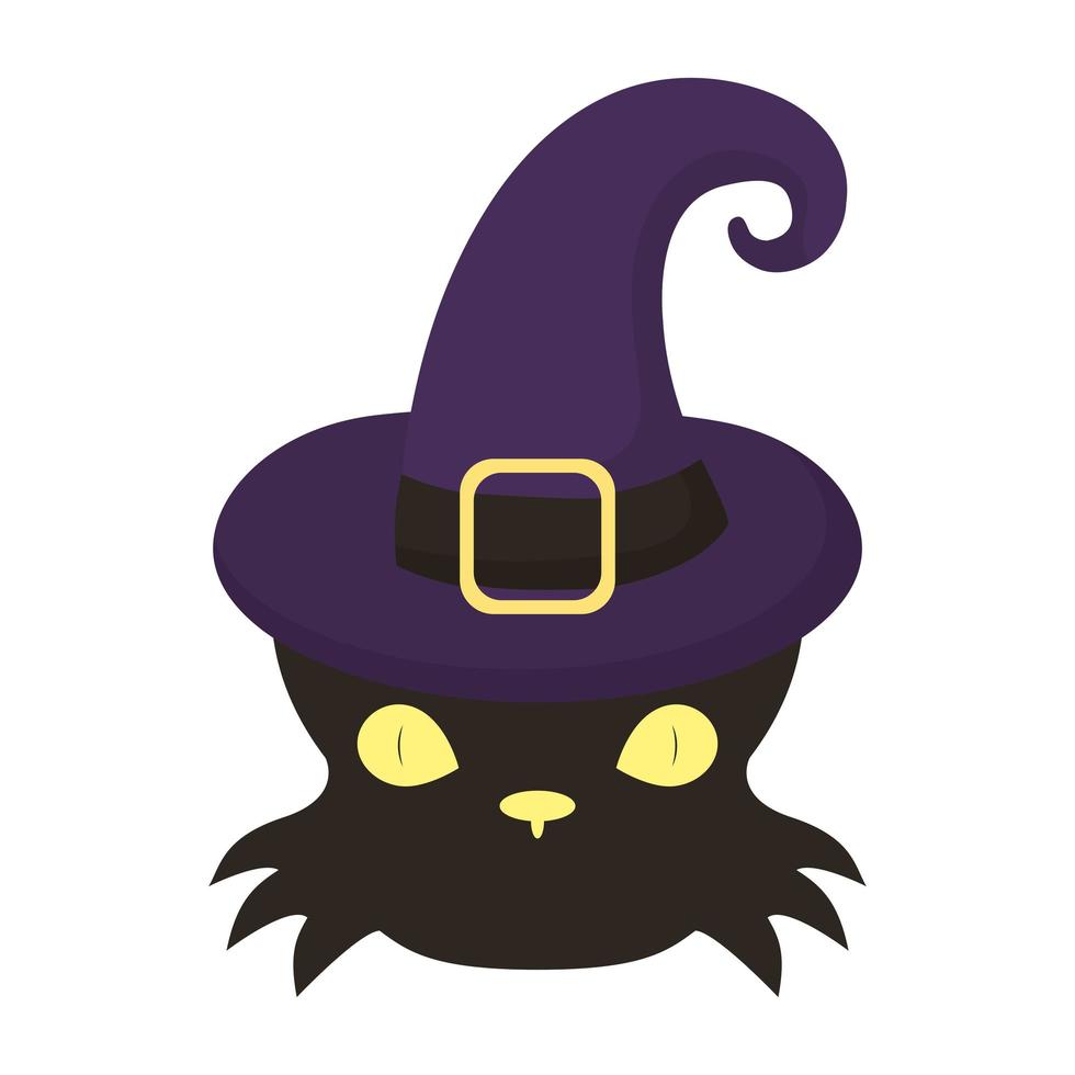 tête noire de chat d'halloween portant l'icône de style plat de chapeau de sorcière vecteur