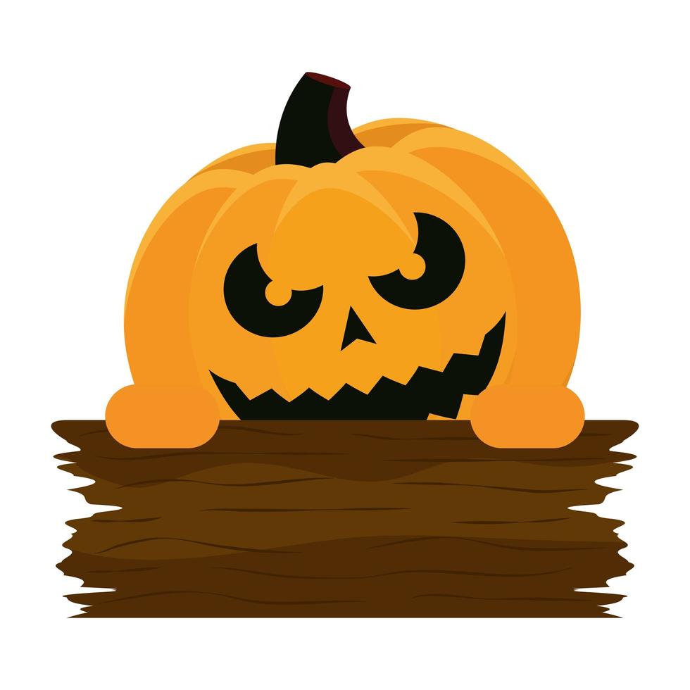 visage de citrouille orange halloween avec planche de bois vecteur