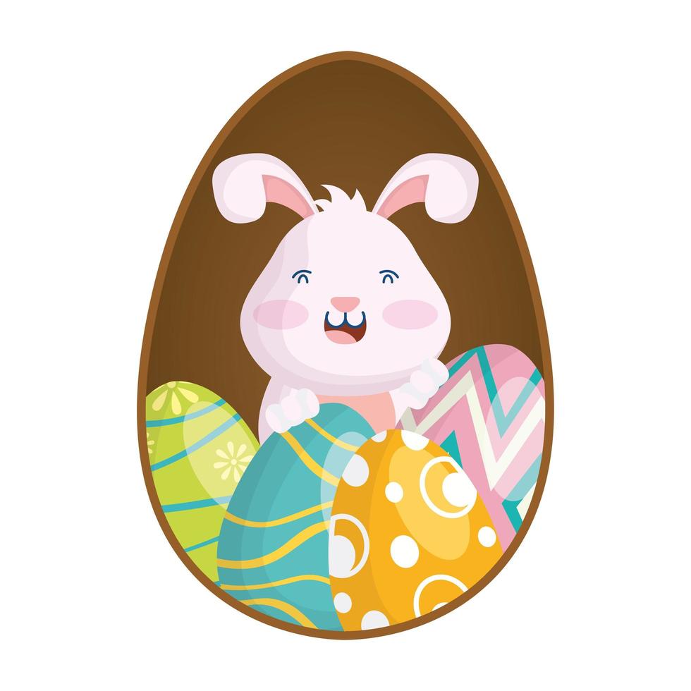 Adorable petit lapin de Pâques avec des œufs peints dans un cadre vecteur