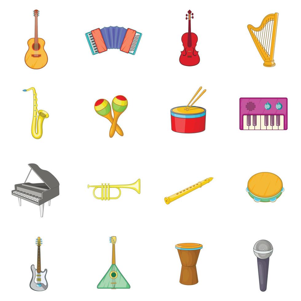 Ensemble d'icônes d'instruments de musique, style cartoon vecteur