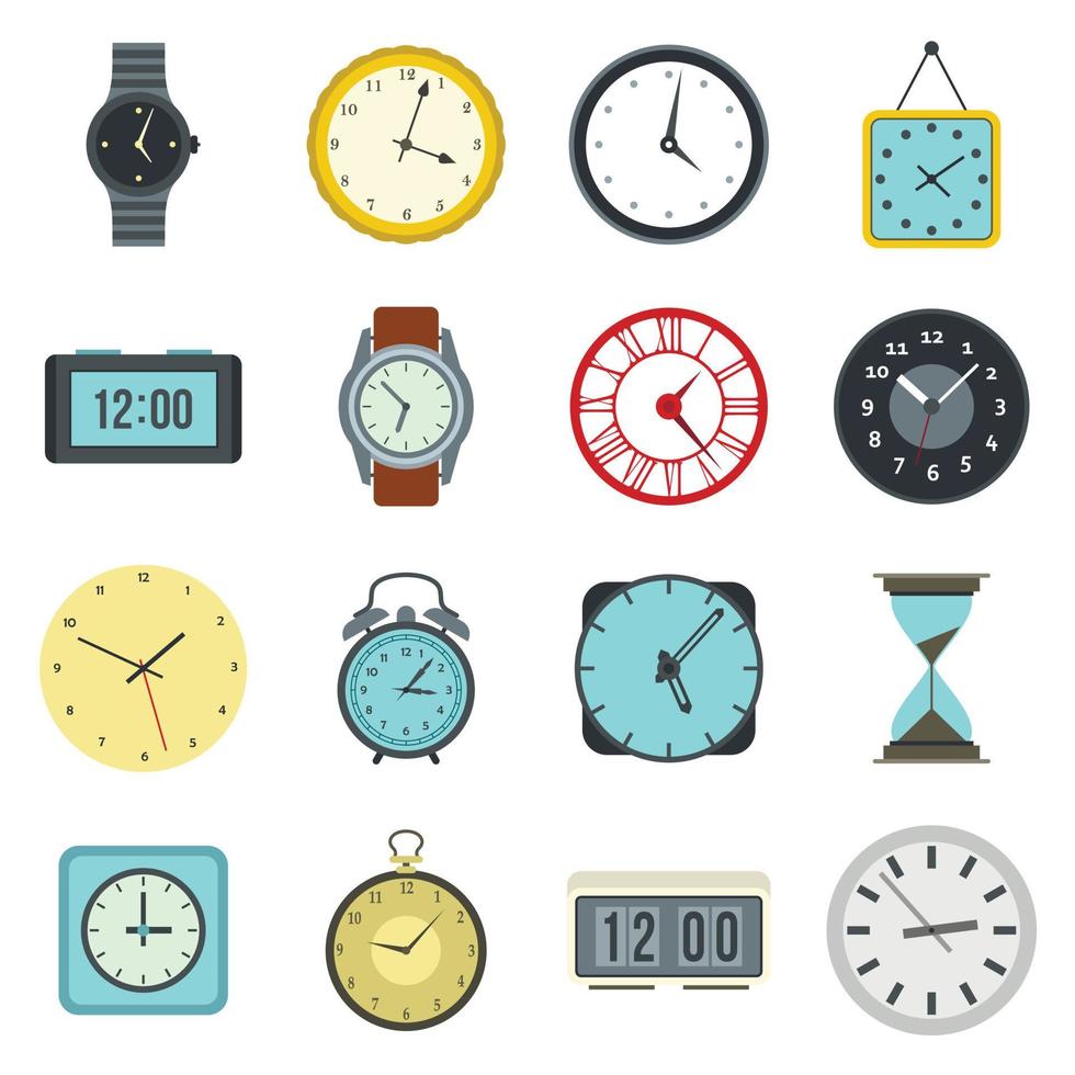 jeu d'icônes de temps et d'horloge, style plat vecteur