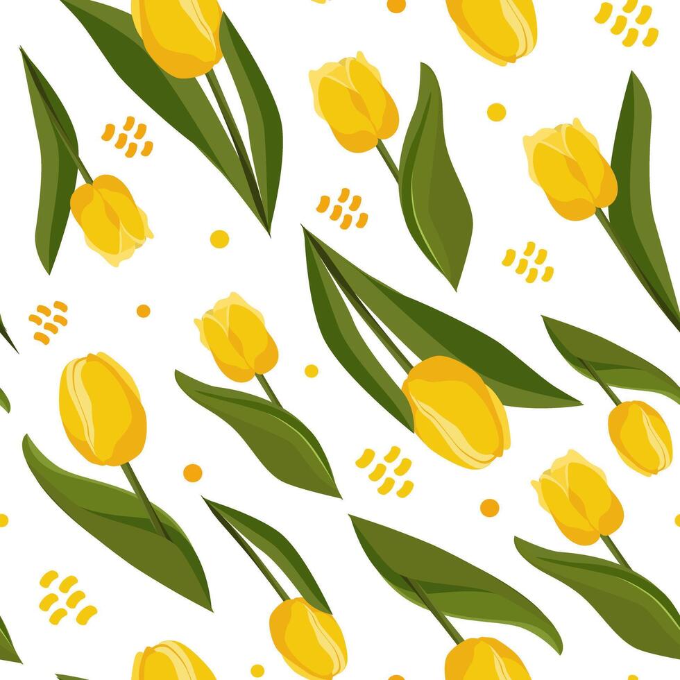 sans couture vecteur modèle avec Jaune tulipes sur blanc Contexte. plat conception avec fleurs pour scrapbooking, des gamins vêtements, robe, en tissu et textile