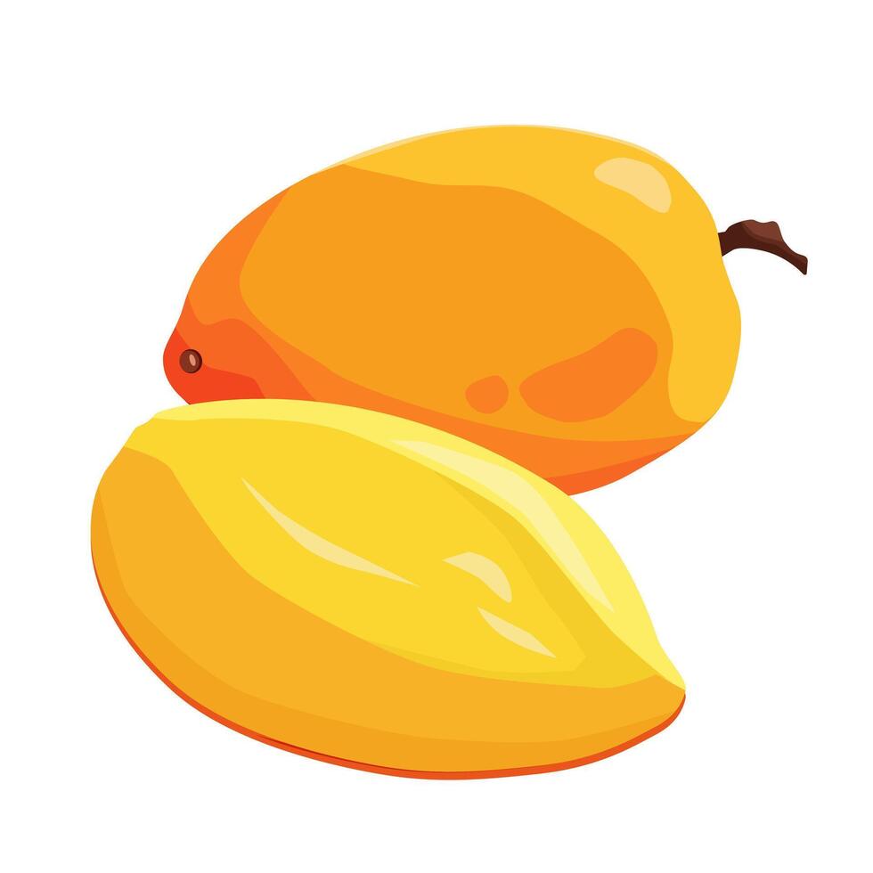 juteux et en bonne santé Jaune rouge mangue avec tranches isolé sur blanc Contexte. vecteur fruit illustration dans plat style. été clipart pour conception de carte, bannière, prospectus, vente, affiche, Icônes