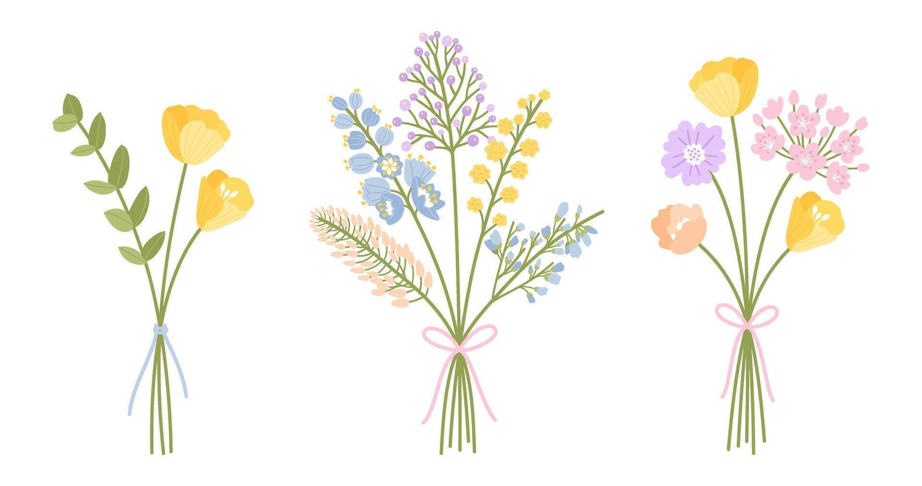 fleurs sauvages bouquets. ensemble de Trois floral vecteur illustrations. doux fleurs et feuilles, Prairie herbes, et sauvage les plantes pour conception projets