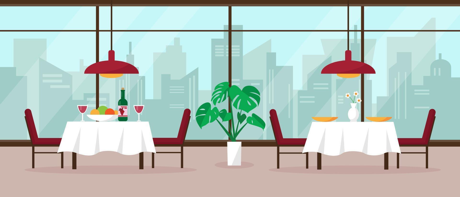 moderne restaurant intérieur avec gros panoramique fenêtre et ville voir. intérieur concept vecteur illustration ou Contexte.