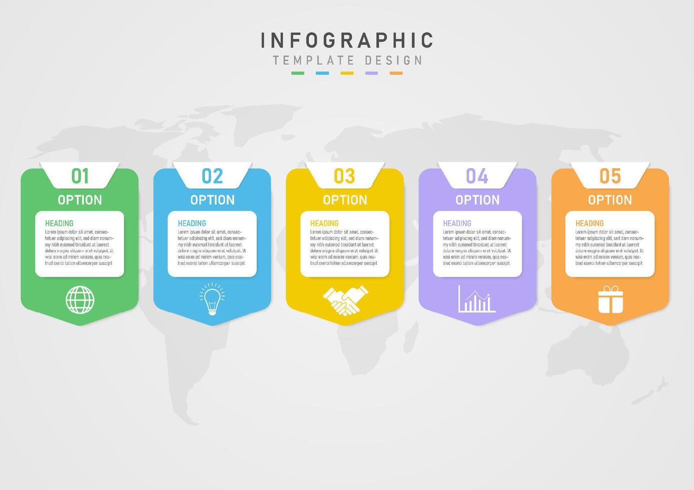 infographie 5 affaires les options multicolore carrés Facile modèle centré texte sur une blanc Contexte au dessus sont Nombres, au dessous de sont blanc Icônes, Plans derrière une gris pente Contexte. vecteur