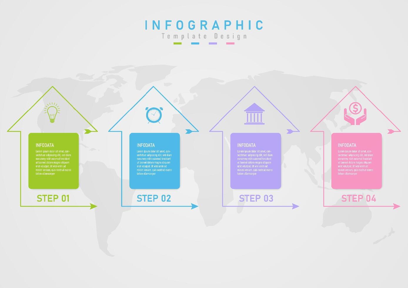 infographie modèle avec Facile 4 pas affaires multicolore lignes et flèches le multicolore texte carré dans le Haut centre a multicolore Icônes au dessous de avec une gris pente Contexte carte. vecteur