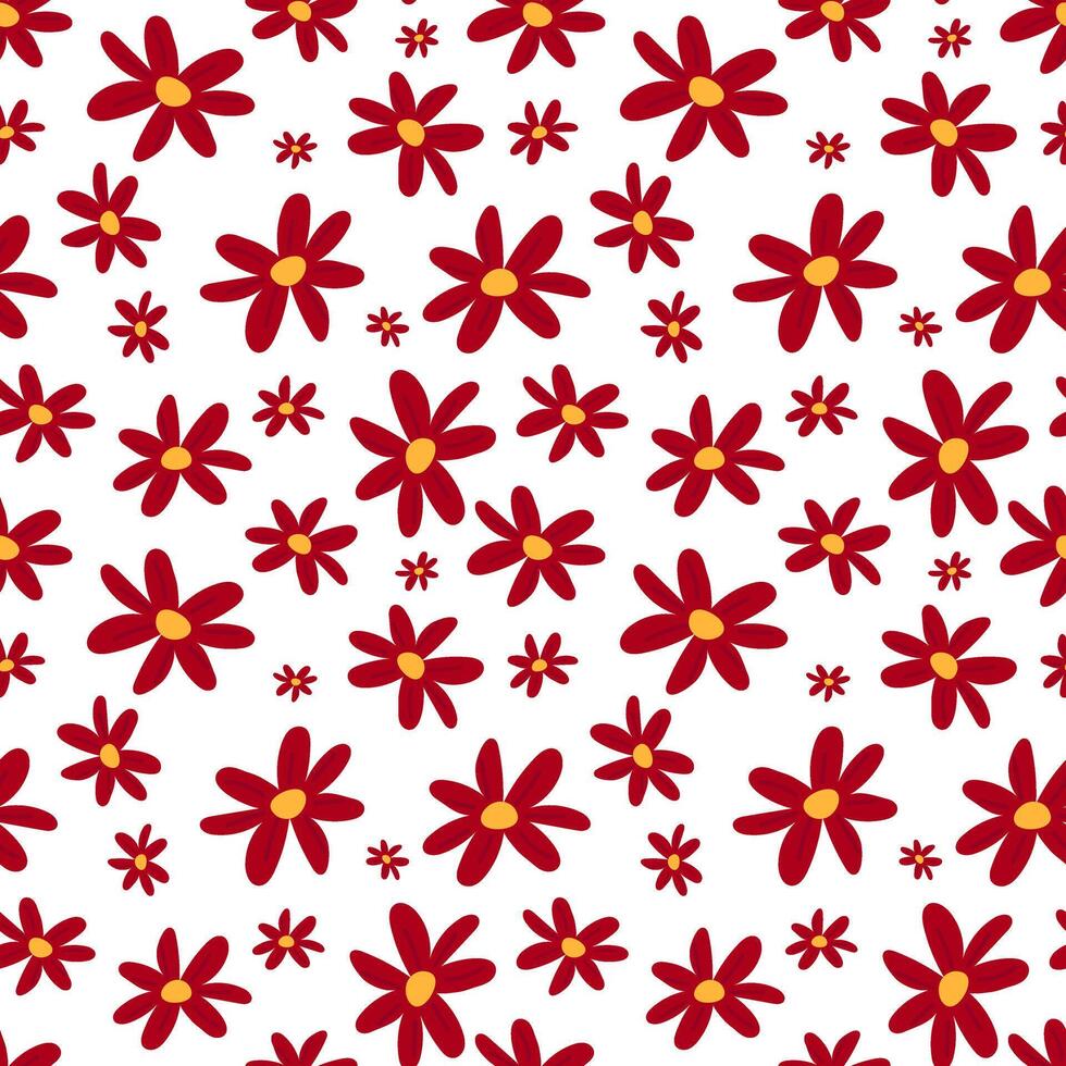 le modèle de printemps fleurs est rouge marguerites. coloré marguerites sur une blanc Contexte. mignonne fleur dans différent tailles. sans couture texture pour impression sur textiles et papier. vacances vecteur