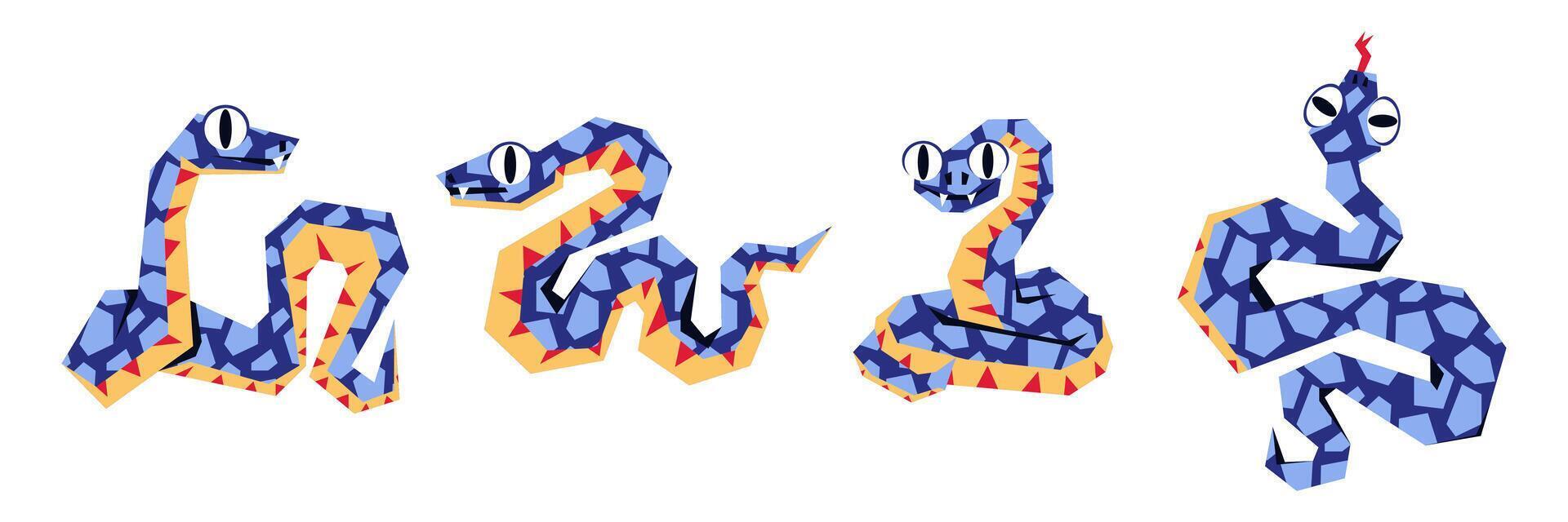 une ensemble de serpents dans 2025, bleu dans Couleur et géométriquement rampant dans texture. isolé sinueux serpents dans différent pose. moderne vecteur illustration dans une plat style. le 2025 collection de serpents. un