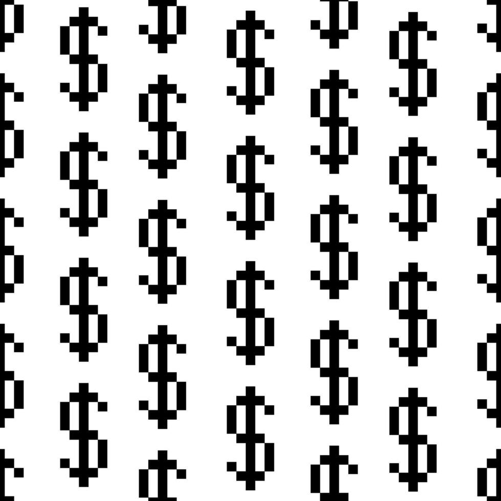 une modèle avec une dollar signe dans le forme de pixels. une rétro vidéo Jeu avec noir profilé dollar panneaux dans pixel art. le petit symboles sont tiré dans une modèle. isolé image vecteur