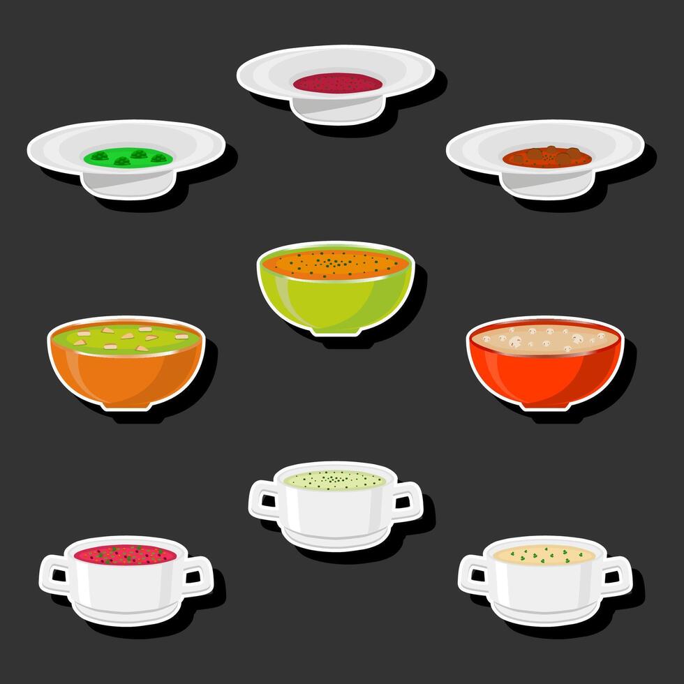 illustration sur thème gros ensemble divers les types magnifique savoureux comestible chaud fait maison soupes vecteur
