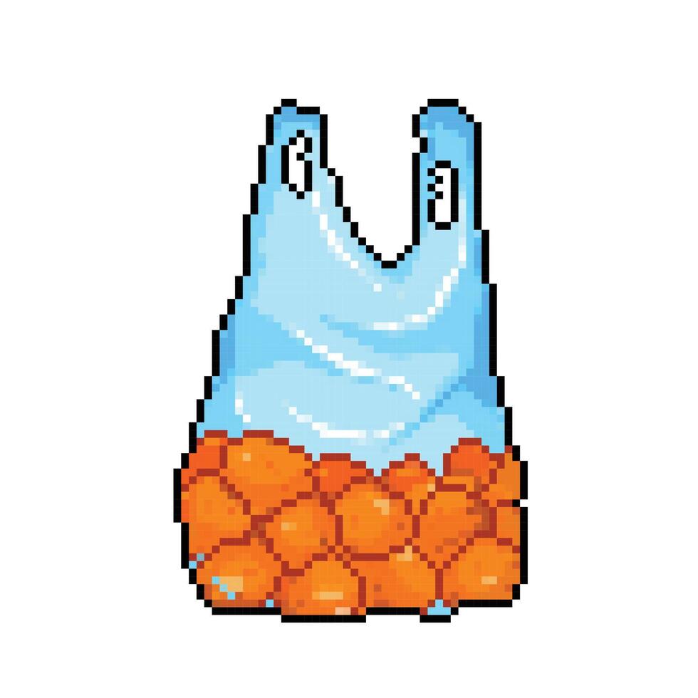 Orange des fruits dans clair transparent coloré Plastique sac. pixel art rétro ancien vidéo Jeu bit vecteur illustration. Facile plat dessin isolé sur carré blanc Contexte.