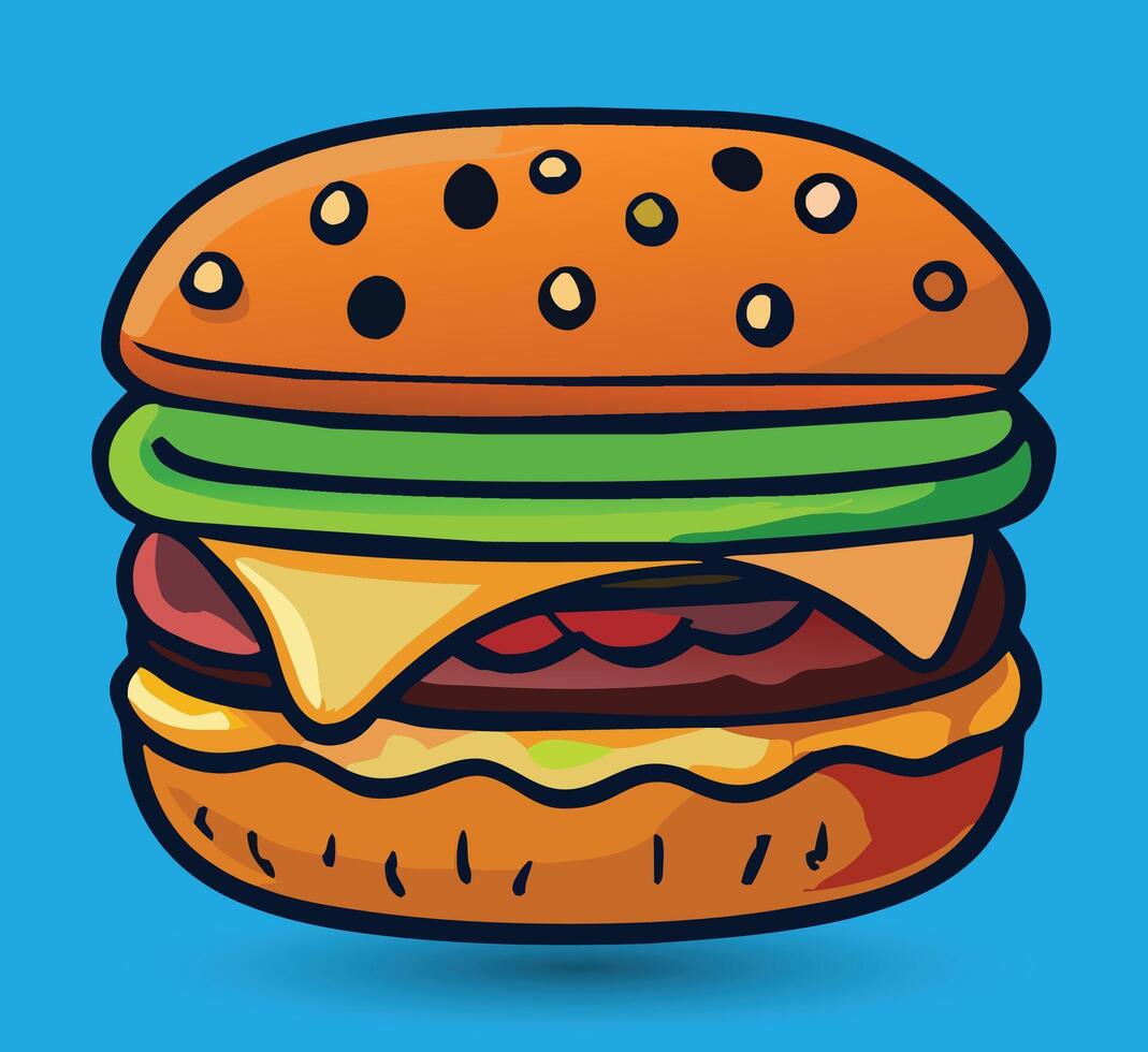 main tiré Burger vecteur illustration. Burger avec juteux bœuf.