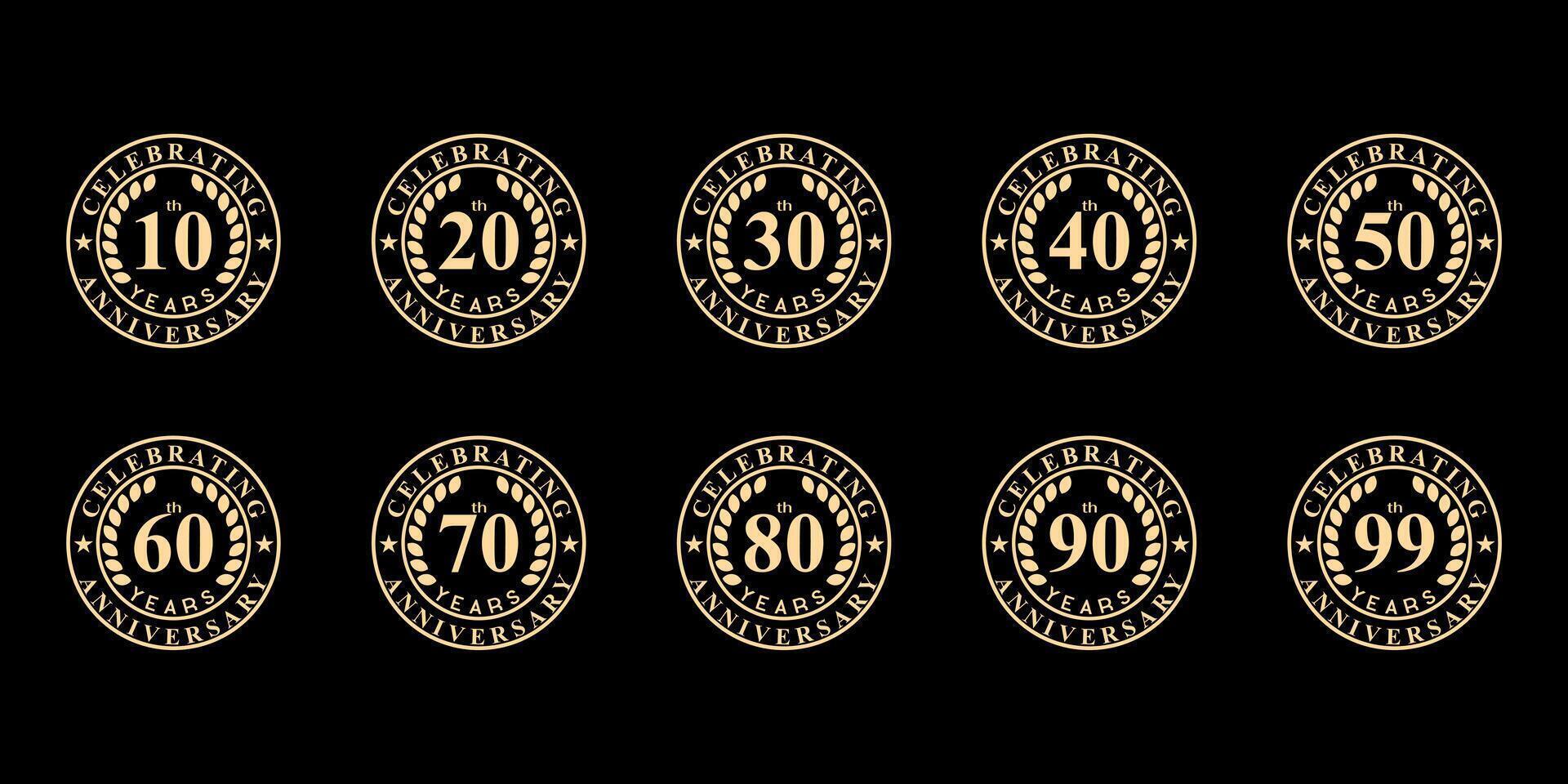 collection de anniversaire logos de dix ans à 99 ans avec rétro cercle style et circulaire feuilles pour fête événements, salutation cartes, invitations et mariage célébrations vecteur