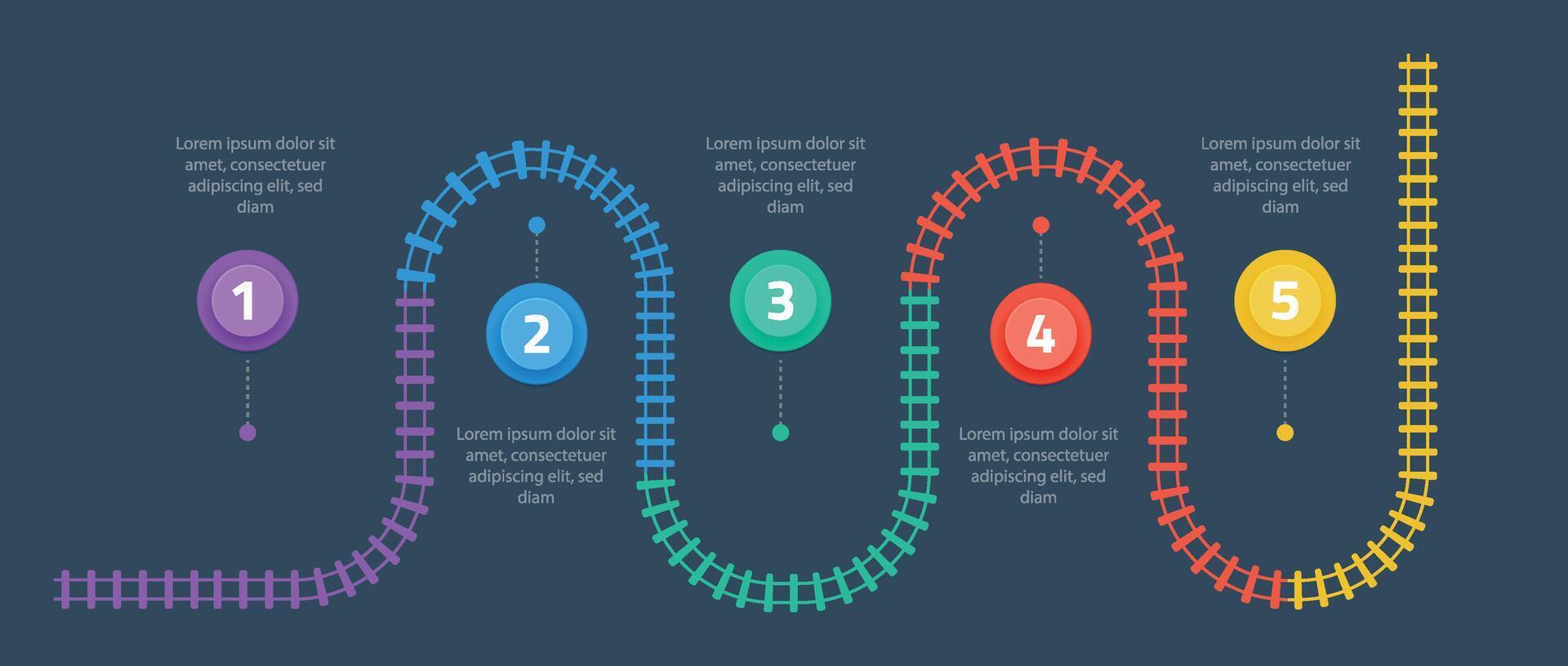 chemin de fer des pistes infographie. affaires modèle avec Nombres 5 les options ou pas. chemin de fer Facile icône, rail Piste direction, train des pistes coloré vecteur illustration sur une noir Contexte.