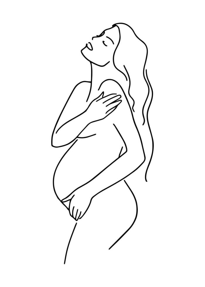 profil de une Enceinte femme et le cœur de une bébé, dessin avec un continu doubler. esthétique vecteur illustration.